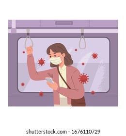 vector illustration of a woman wearing public train transportation and wearing a mask to avoid herself from plague, germs, viruses and pollution. Disease-prone public transportation air condition