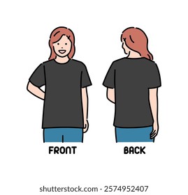 Vector illustration of a woman wearing a short-sleeved T-shirt ( black )