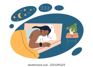 Ilustração vetorial de mulher usando relógio inteligente, dormindo pacificamente na cama em quarto acolhedor com planta de casa. Almofada confortável, cobertor e roupa de cama. Cena de acompanhamento de saúde e sono. Repouso, relaxamento