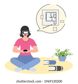 Vector Illustration Woman Wearing Virtual Reality 3d Glasses VR Headset. Property Virtual Reality Simulation. Real Estate Virtual Tour, Interior Design. Augmented Reality Visualize Creation Concept.