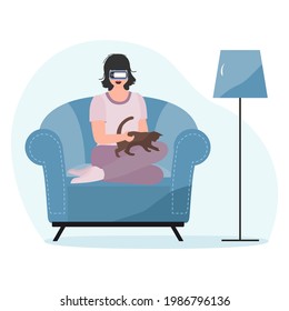 Vector Illustration Woman wearing virtual reality 3d glasses Travel, holiday trip, tour, watching movie. VR headset. Property VR simulation. Modern entertainment. Augmented reality visualize creation