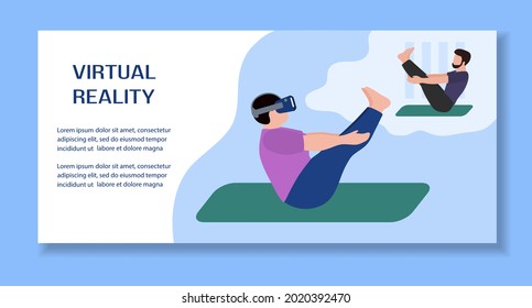 Vector Illustration Woman wearing virtual reality 3d glasses doing yoga with virtual instructor VR headset VR simulation Gaming Modern entertainment Augmented reality visualize creation Sport fitness