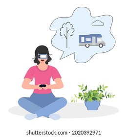Vector Illustration Woman wearing virtual reality 3d glasses Plan travel, holiday trip in motorhome. VR headset Property VR simulation Modern entertainment Augmented reality visualize creation concept
