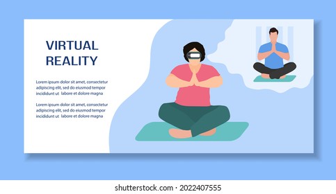 Vector Illustration Woman wearing virtual reality 3d glasses doing yoga with virtual instructor VR headset VR simulation Gaming Modern entertainment Augmented reality visualize creation Sport fitness