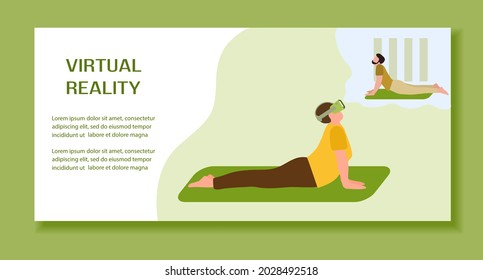 Vector Illustration Woman wearing virtual reality 3d glasses doing yoga with virtual instructor VR headset VR simulation Gaming Modern entertainment Augmented reality visualize creation Sport fitness