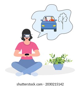 Vector Illustration Woman wearing virtual reality 3d glasses Plan travel, holiday trip by car. VR headset. Property VR simulation Modern entertainment Augmented reality visualize creation concept
