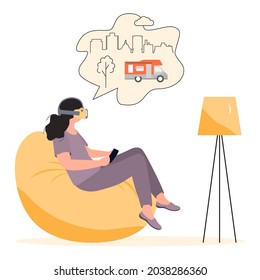 Vector Illustration Woman wearing virtual reality 3d glasses Plan travel, holiday trip in motorhome. VR headset Property VR simulation Modern entertainment Augmented reality visualize creation concept