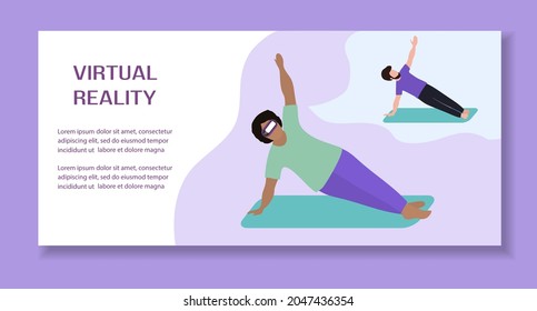 Vector Illustration Woman wearing virtual reality 3d glasses doing yoga with virtual instructor VR headset VR simulation Gaming Modern entertainment Augmented reality visualize creation Sport fitness