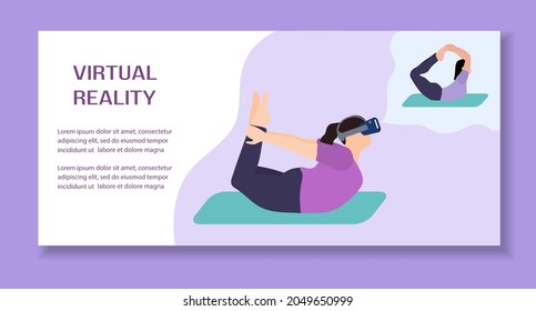 Vector Illustration Woman wearing virtual reality 3d glasses doing yoga with virtual instructor VR headset VR simulation Gaming Modern entertainment Augmented reality visualize creation Sport fitness