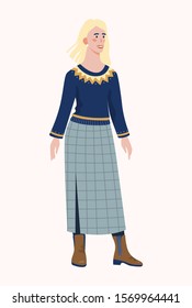 Vector illustration of a woman wearing winter warm clothing. Casual season clothes for young woman. Woman wearing a sweater, boots and scirt for cold weather.