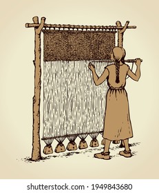 Vector illustration. Woman weaves in ancient loom