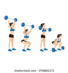 the vector illustration of the woman weightlifter with snatching barbell. Step by step flat vector illustration. Barbell power snatch svg