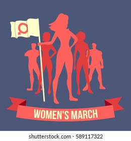 Vector illustration of the woman which is holding a flag with female symbol and "Women's March" lettering on dark blue background. Women's March is a worldwide movement for rights and equality.