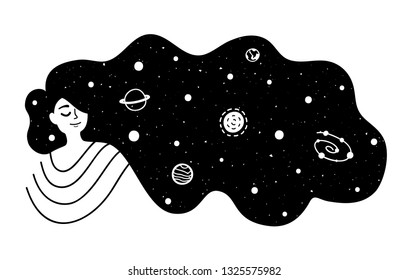 Vector illustration with woman which looks like antiquity goddes with stars and planets in long black hair