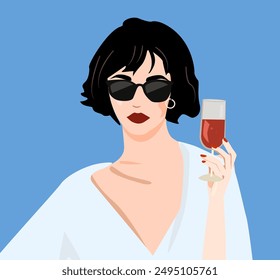 Vector illustration. Woman in white dress and sunglass, holding glass of wine. Stylish brunette with a short haircut in a white shirt. Fashionable looking. Red manicure. Fashionable Frenchwoman