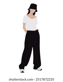 Ilustración vectorial de una mujer en un top blanco y pantalones holgados negros. Simple casual