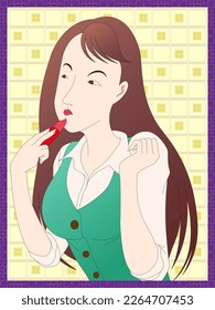 Vector illustration woman who apply lipstick in japanese old style art