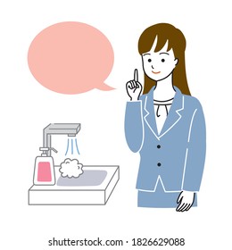 Vector illustration of a woman who encourages hand washing