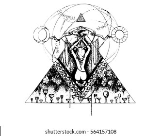 Vector illustration of woman who holds the world. Moon and sun, glasses and nature.