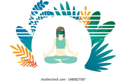 Vector illustration of a woman who is meditating with virtual reality glasses (helmet). Around it, the frame depicts multi-colored tropical leaves and feathers with white stripes.