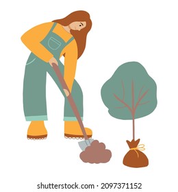 Vector illustration of woman who plants trees. Gardening and landscaping concept. The girl is digging the ground.