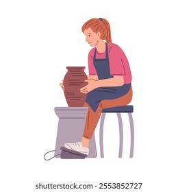 Vector illustration of a woman who sculpts clay on a potter's wheel while sitting on a chair. It is an art therapy for adults that promotes freedom in creativity