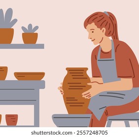 Vector illustration of a woman who sculpts clay on a potter's wheel while sitting in a pottery workshop. Art therapy for adults that promotes freedom in creativity