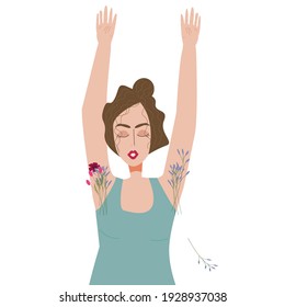 Ilustración vectorial de una mujer que muestra que la naturaleza nos creó naturales y no necesitamos avergonzarnos de nuestro cuerpo. Autoamor, feminismo y movimiento de naturalidad 