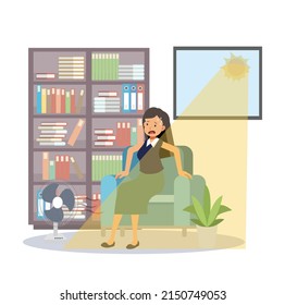 vector illustration of a woman who sitting on sofa feeling hot in summer day, suffering heat exhaustion