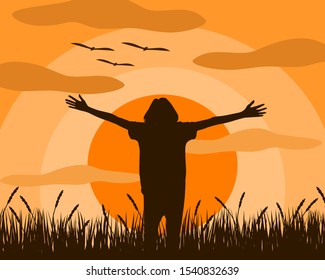 Vector illustration of a woman who is standing extend the arms feel liberated.  She is in a happy mood to be in the midst of nature In a field where the rice fields are growing. In the sunset.