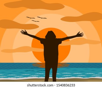 Vector illustration of a woman who is standing extend the arms feel liberated. She is in a happy mood on the beach in the evening with a setting Orange filled sun sky.The sea is blue and there is a gentle wave.