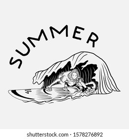 Vector Illustration of a woman who surfs with big waves, with summer writing on the outside in black and white