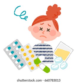 vector illustration of a woman who are tired of many medicines