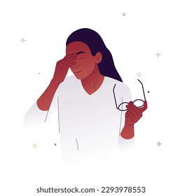 Vector illustration of a woman who took off her glasses because she felt dizzy. A character with closed eyes feels unsteady due to dizziness. Illustration for medical articles, posters.