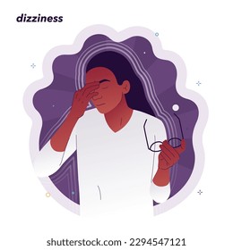 Vector illustration of a woman who took off her glasses because she felt dizzy. A character with closed eyes feels unsteady due to dizziness. Illustration for medical articles, posters.