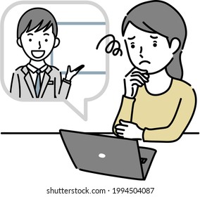 Vector illustration of a woman who is in trouble after receiving an explanation online from a male instructor
