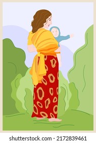 Vector illustration of a woman who walks outside with her little child. Promenade in the garden.