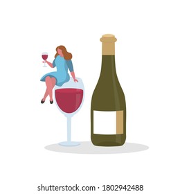 Vector illustration with woman, wine glass and  wine bottle. Alcohol drink. Print design with alcohol  for banner, postcard, web page. Concept of wine lover