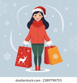 Vector illustration, a woman in winter clothes and a Christmas hat holds packages in her hands. The concept of preparing for Christmas and New Year, buying gifts for family and friends, seasonal sale.