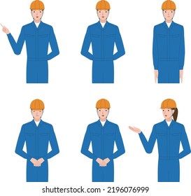 Vector illustration of a woman in work clothes and a helmet pointing and explaining by hand