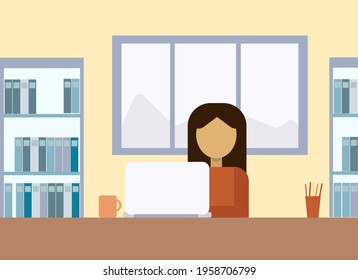Vector illustration of a woman worker at the computer in the office. Next to a filing cabinet and a large window