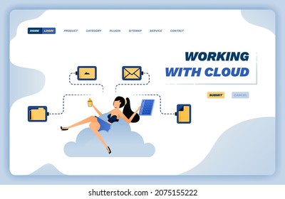 Vector illustration of a woman working casually on cloud and enjoying easy access to completing jobs. Design can be used for website, poster, flyer, apps, advertising, promotion, marketing