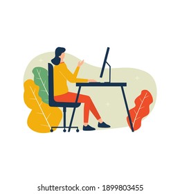 Vector illustration, woman working with computer, work from home