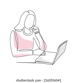 Vektorgrafik einer Frau, die an einem Computer arbeitet, der im Kunststil gezeichnet ist