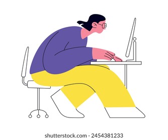 Ilustración vectorial de una mujer que trabaja en la computadora. Profunda concentración y enfocar a la chica en la tarea de trabajo. La Imagen es perfecta para proyectos relacionados con el entorno de trabajo, la concentración y la productividad.