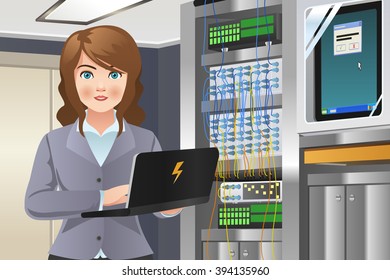 A vector illustration of woman working in computer server room