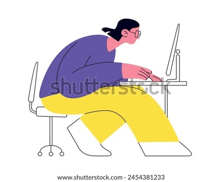 Vector illustration of an woman working at computer. Deep concentration and focus girl on the job task. Image is perfect for projects related to the work environment, concentration, and productivity.