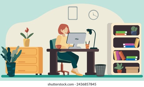 Vector illustration of a woman working efficiently at her home office setup, surrounded by a computer, desk, and other cozy home decor.