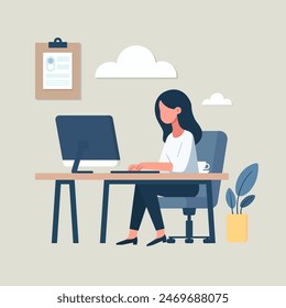 vector illustration of woman working in front of a computer, suitable for business purposes