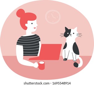 Vector Illustration of a woman working at her desk with her cat